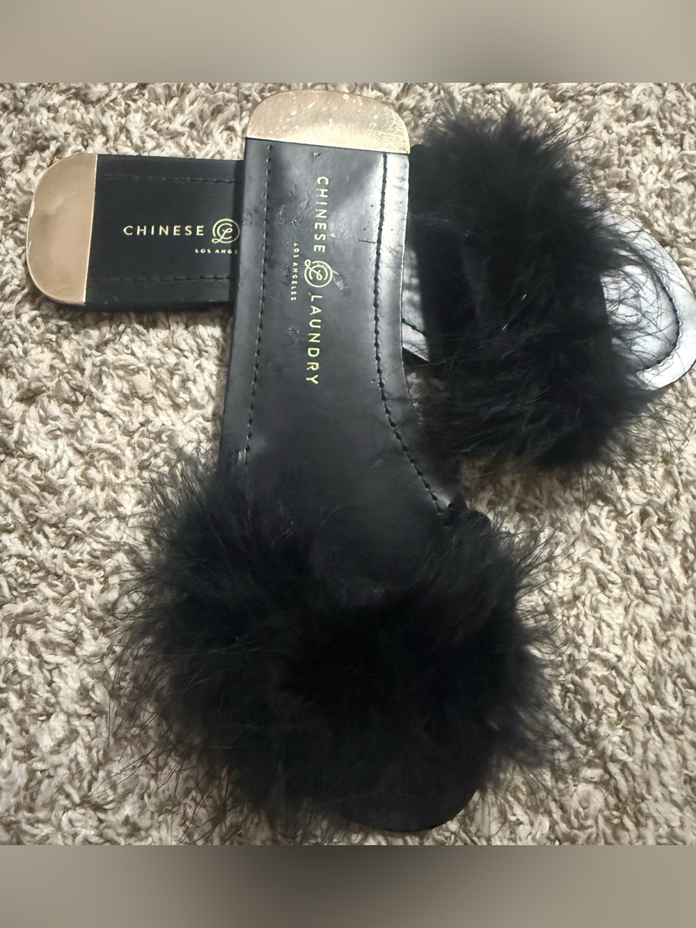 Chinese Laundry Black Faux Fur Slide Mules